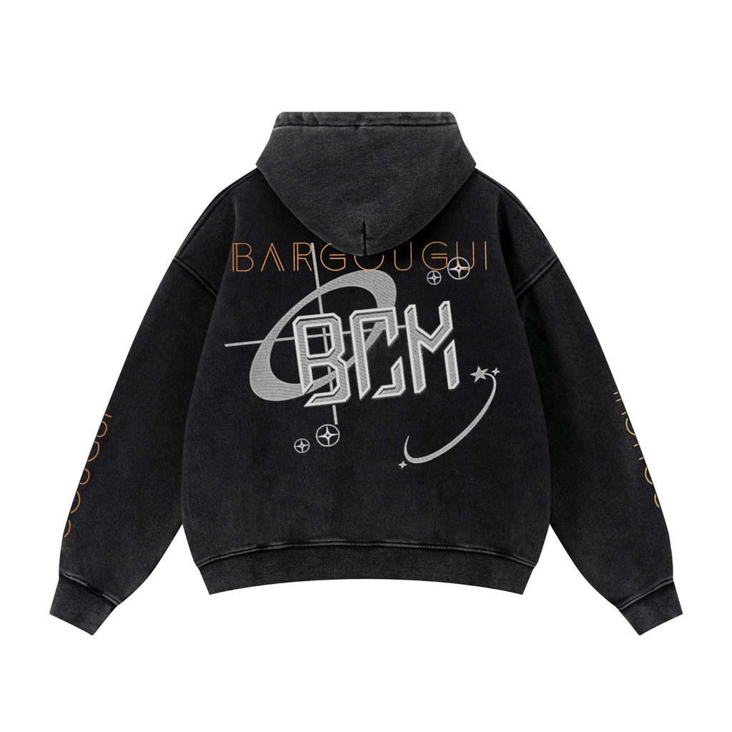 355GSM Drop Shoulder Heavyweight Washed Fleece Hoodie Vintage Black