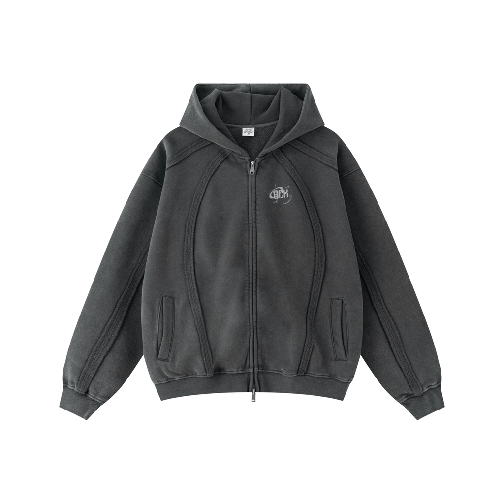 360GSM Drop-Shoulder & Snowflake Washed Oversized Zip Hoodie Dark Grey