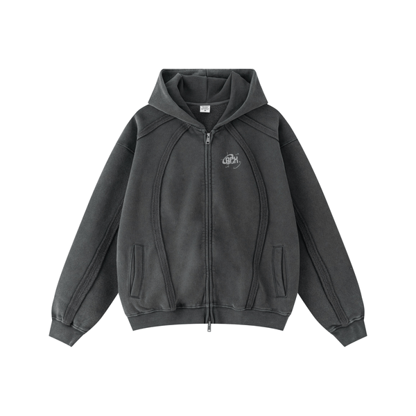 360GSM Drop-Shoulder & Snowflake Washed Oversized Zip Hoodie Dark Grey