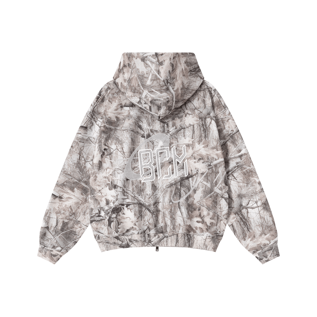 340GSM Drop-Shoulder Outdoor-Inspired Zip-Up Hoodie 	Branch Camouflage