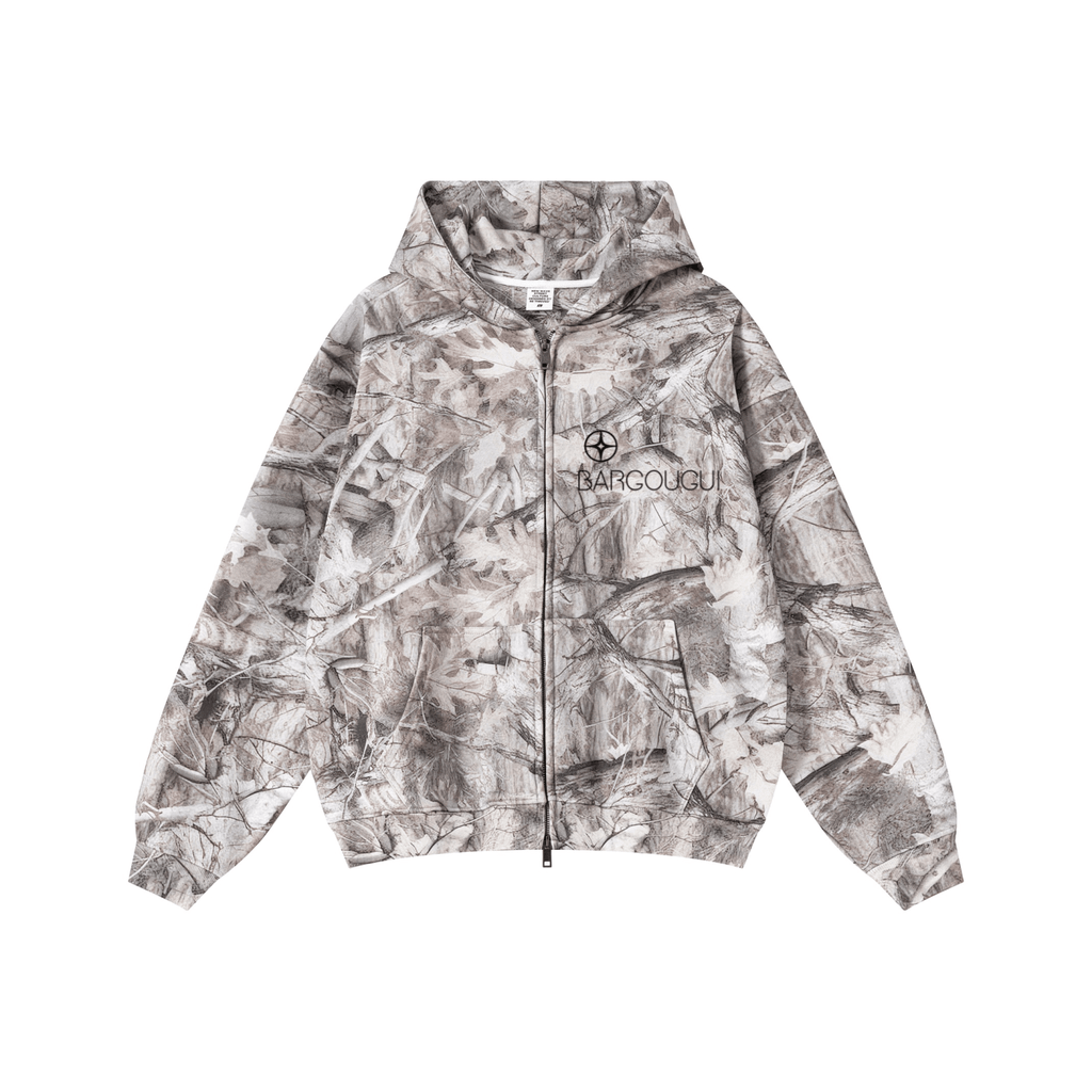 340GSM Drop-Shoulder Outdoor-Inspired Zip-Up Hoodie 	Branch Camouflage