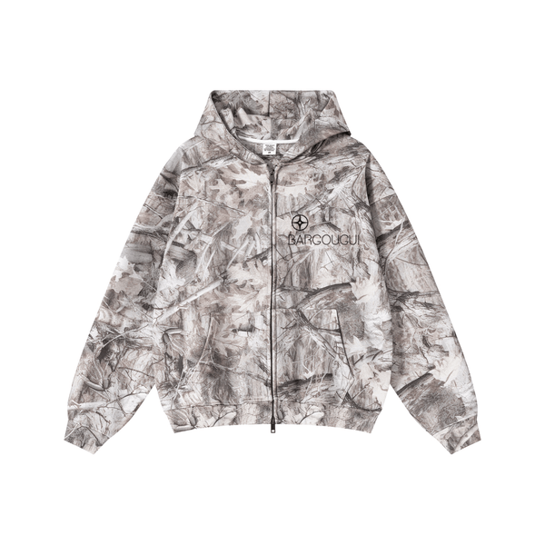 340GSM Drop-Shoulder Outdoor-Inspired Zip-Up Hoodie 	Branch Camouflage